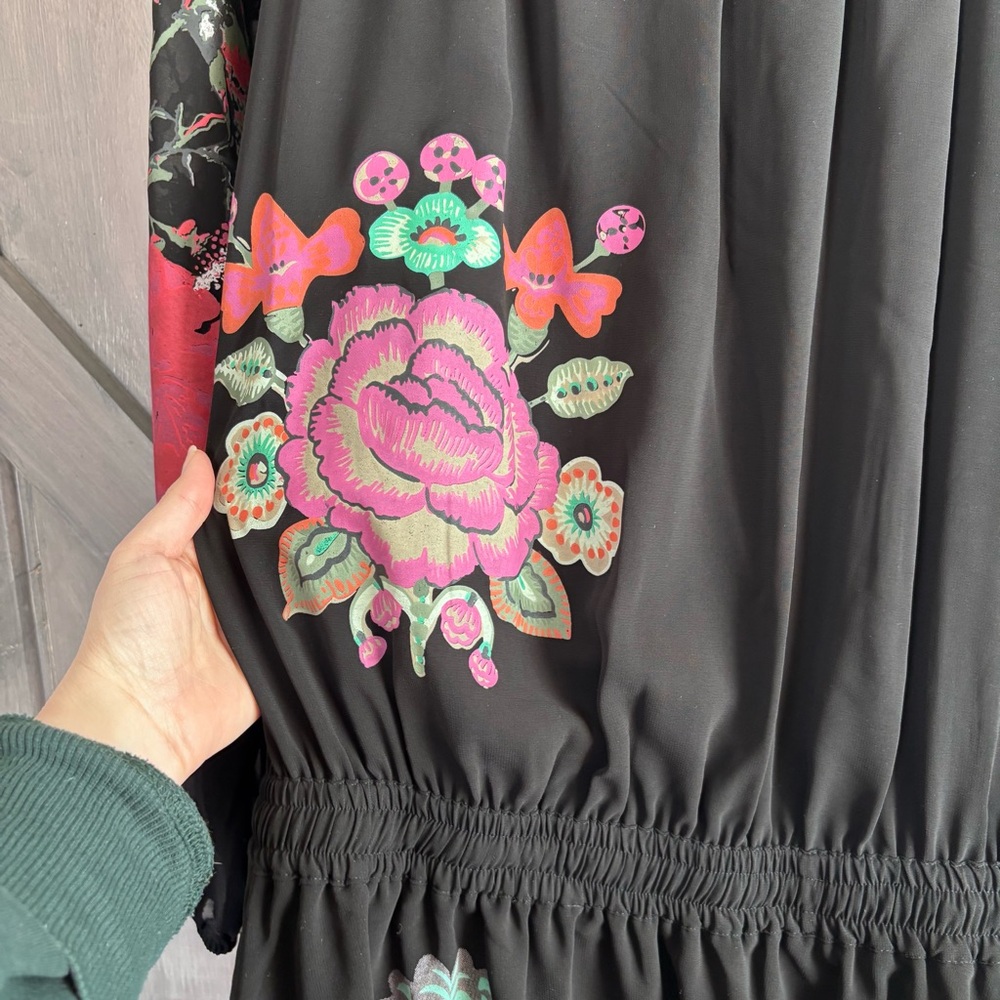 DESIGUAL Black Drop Waist‎ Flowy Dress Printed sleeves Size M - Picture 6 of 14